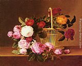 Basket Paintings - A Basket Of Roses On A Ledge by Johan Laurentz Jensen